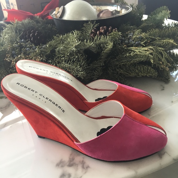 Robert Clergerie Pink Red Suede Peeptoe Wedge Mule - Picture 4 of 8